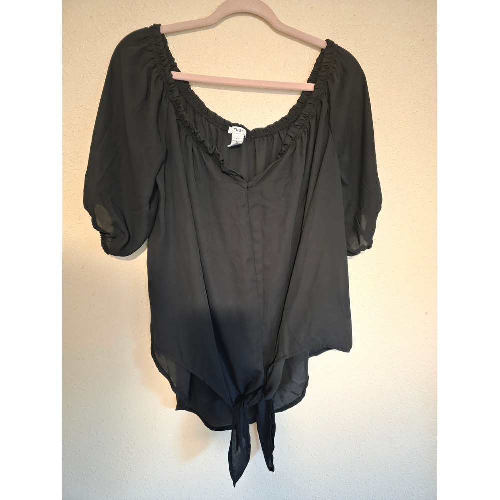 Rue21 Rue+ Womens 2X Black Off Shoulder Tie Front Chiffon Blouse Puff Sleeve Top